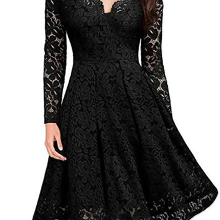 Women Lace A-Line Dress Spring Autumn V Neck Long Sleeve Lace Crochet Patchwork WineRed Slim Party Dresses JYFS-JY8858