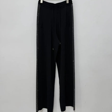 Autumn and Winter New Fashionable Double-Sided Rhinestone Striped Elastic Waist Black Long Casual Pants for Women