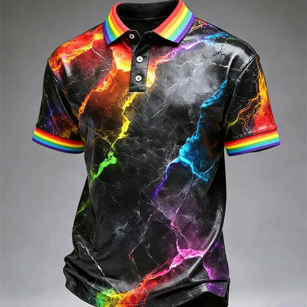 Men's Solid-Color Summer Casual Breathable Polo Shirt Rainbow Collar Fashion Polo Shirt Men's Striped Short-Sleeve Shirt