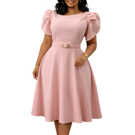 Elegant Party Dresses for Women New Style O Neck Puff Sleeve Belt Decorate High Waisted Pleated Mid Calf Luxury Birthday Dress