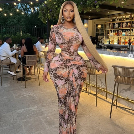 GLCMYAYA Women Tie Dye Printed Ruched Stacked Long Sleeve Bodycon Midi Maxi Dress 2026 Beach Sexy Vacation Long Dresses Vestidos
