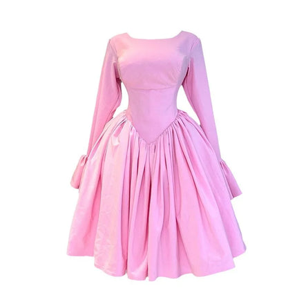 Mid Length Dress Women A Line Dresses Pleated Round Neck Casual Elegant Pink Party Vestidos High Waist Night Wedding Lace Up