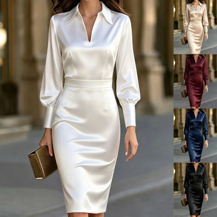 Women Satin Shirt Collar Midi Dress V Neck Lantern Long Sleeve Slim Bodycon Formal Office Party Dress