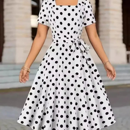 Woman Summer Elegant Midi Dress Fashion Polka Dot Print Short Sleeves High Waist Dresses Ladies Beautiful Square Collar Vestidos
