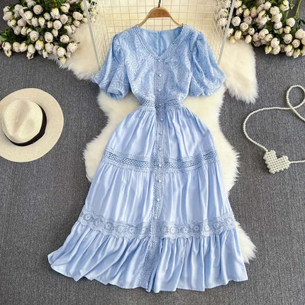 Short puff sleeve dresses Women 2025 Summer Solid V-neck Lace embroidery dress Patchwork Elegant 4D068