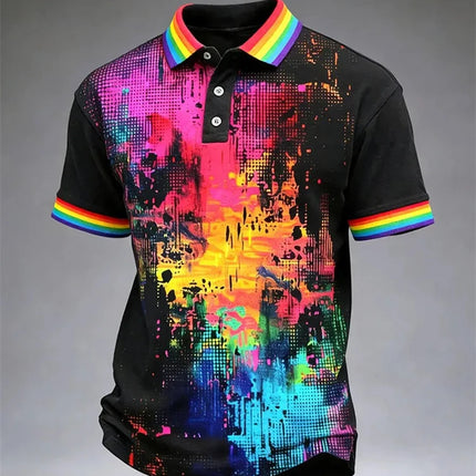 Men's Solid-Color Summer Casual Breathable Polo Shirt Rainbow Collar Fashion Polo Shirt Men's Striped Short-Sleeve Shirt