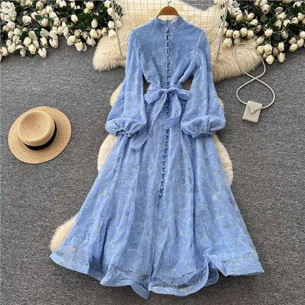 2026 Spring Autumn French High-end Women's Dress New Lace Embroidery Stand Lantern Sleeves Single Breasted Party Birthday Dress