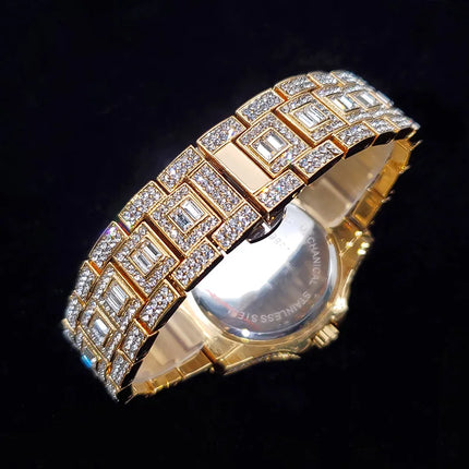Luxury Diamond Watch for Men Fashion Bling Iced Out Day Date Watches Hip Hop Golden Stainless Steel Quartz Man Clock Hot Sale