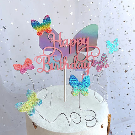 7PCS/SET Pink Butterfly Birthday Happy Cake Flag Insertion Birthday Party Flag Insertion