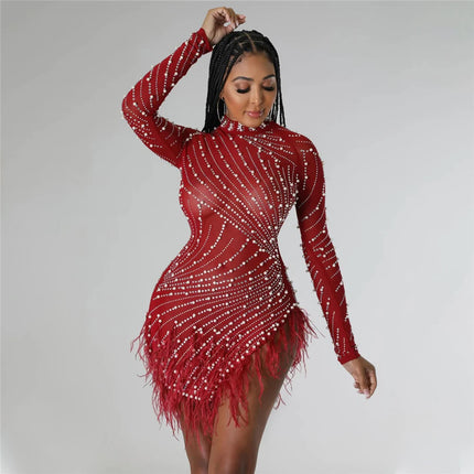 HBLL Sexy Pearls Rhinestone Party Dresses Women Elegant Nightclub Feather Birthday Dress Long Sleeve Mesh Sheer Bodycon Dress