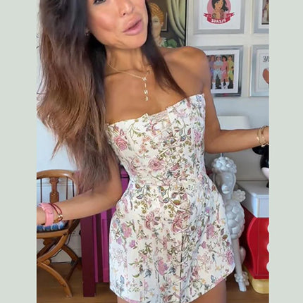 Sexy Women's Printed Bandage Strapless Short Dress Slim Waist Cinched Sleeveless Backless Lace Up Dresses 2026 Summer Lady Wear