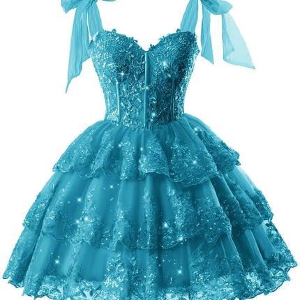 Sparkly Tiered Lace Tulle Homecoming Dresses Short Bow Straps Formal Prom Gowns Sweet 16