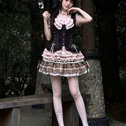 Summer Women's Casual Dresses Japan Sweet Fashion Y2k Lolita Dresses 3-Piece Set 2000s Clothes Vintage Vest Bow Sexy Skirt Party