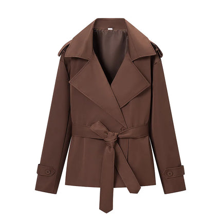 Women's Long-sleeve Collared Tie-front Jacket for Spring/Fall; A Stylish, Loose-fitting Coat.Available in Red,Apricot,Green,Blue