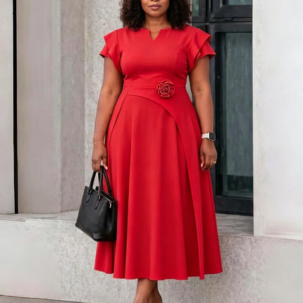 Elegant Dresses for Women 2026 V Neck Short Sleeve High Waisted Floral Decorate Pleated Mid Calf Birthday Party Dinner Vestidos
