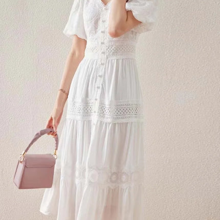 Short puff sleeve dresses Women 2025 Summer Solid V-neck Lace embroidery dress Patchwork Elegant 4D068