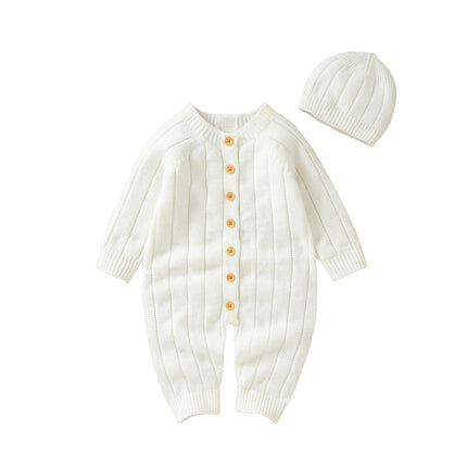 2022-06-29 Lioraitiin Infant Winter Jumpsuit and Cap, Solid Color Long Sleeve Single-breasted Knitted Romper, 0-18 Months