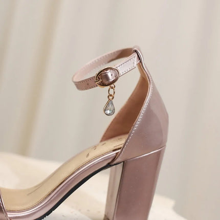 Women Ankle Strap Block Heel Sandals 8.5CM Patent Leather Shoes Big Size 32-48 Multicolor 7882