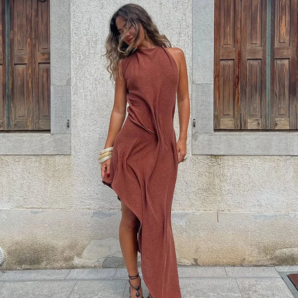 Romantic Soft Halter Maxi Dress Ruched Asymmetrical Women Dresses Anniversary Dinners Vacation Elegant Female Party Wear