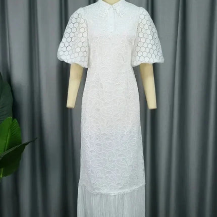 White Lace Dresses for Women Wedding Guests Elegant Turn Down Collar Puff Sleeves Pleated Hem Midi Dress Luxury Occasion Clothes