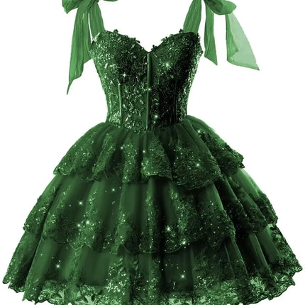 Sparkly Tiered Lace Tulle Homecoming Dresses Short Bow Straps Formal Prom Gowns Sweet 16