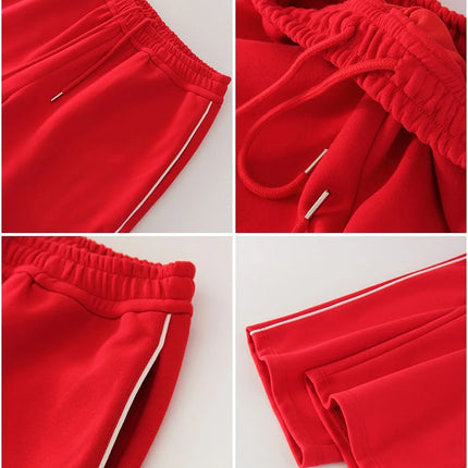 Women Sweatpants Cotton Red Side Striped Sports Pants Straight Elastic Waist Pants For Women Navy Blue Sweatpants With Stripe