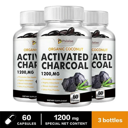 Activated Charcoal Capsules 1200 Mg - Organic Coconut Shell, Helps Relieve Gas & Bloating, Detox & Bowel, Digestive Supplement