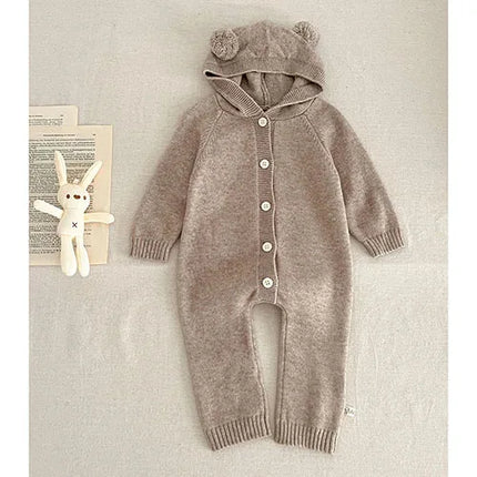 2024 New Autumn Winter Toddler Baby Boys Girl Knitted Romper Long Sleeved Solid Color Hooded Infant  Baby Knitted Jumpsuit
