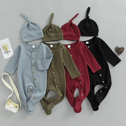 infant Newborn Baby Boys Girl Solid Footies Set, Round Neck Long Sleeve Button-Down Ribbed Feet Wrap Jumpsuit + Hat