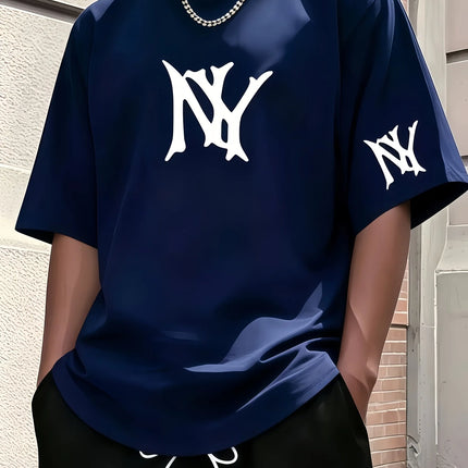 Unisex NY Print Short Sleeve T-Shirt, Casual Loose Crew Neck Soft Tee, Easy Match Daily Street Wear Summer Top for Men Women