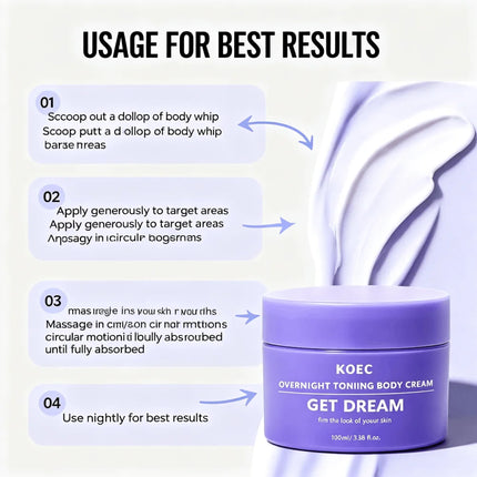 KOEC Overnight Toning Body Cream, Collagen Infused Firming Moisturizing Body Lotion, Deep Hydrating Night Skin Care Cream, Helps Tighten Skin Appearance, Reduce Roughness, Smooth and Refine Skin Texture for Soft Glowing Body