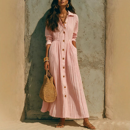 Women Crinkle Solid Maxi Dress Lapel Collar Button Cardigan Long Sleeve Pocket Flowy Dress Fall Beach Travel Casual A-Line Dress