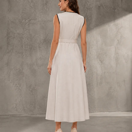 Contrast Piping Belted Wrap Midi Dress for Women, Sleeveless V‑Neck Button Detail A‑Line Linen Blend Dress for Office Business Casual Summer Wear