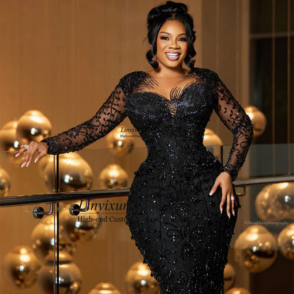 Glitter Beaded Diamond Prom Dresses Full Sleeves Wedding Eevening Reception Gowns Customized Formal Long Aso Ebi Robe De Soiree