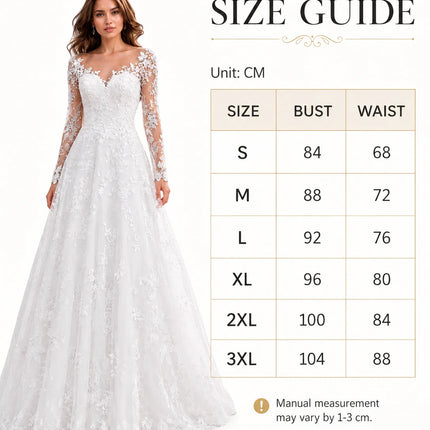 Elegant Lace Appliqué A-Line Wedding Dress for Women Long Sleeve Illusion V Neck Tulle Ball Gown with Pockets Floor Length Formal Evening Prom Dress