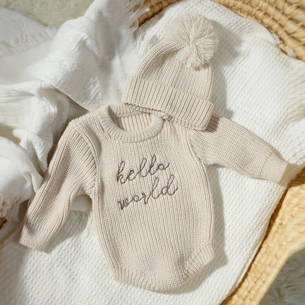 Ylsteed Hello World Knitting Newborn Photography Romper with Matching Pomp Hat Baby Boy Girl Sweater Outfits Photo Shooting-HD