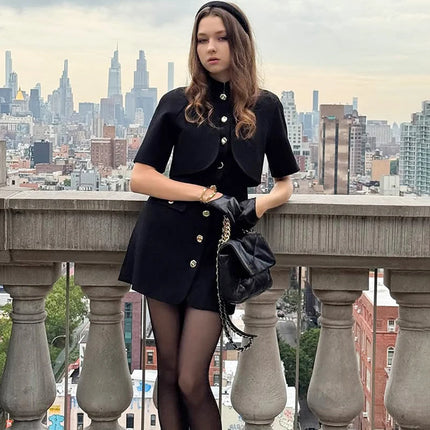 Typhaland Elegant Commuting Buttons Dress With Shawl  Slim Short Sleeve Black Mini Dress 2026 Sping Summer Chic Dress High Waist
