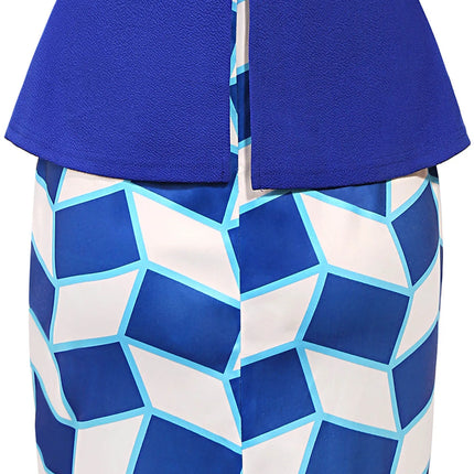 Womens Geometry Print Crew Neck Peplum Work Office Knee Length Colorblock Business Casual Party Pencil Bodycon Sheath Dress