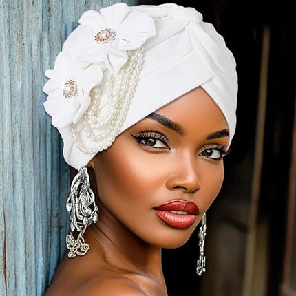 Pearls Beading Turban Cap for Women Flower Design Female Head Wraps Muslim Headscarf Bonnet Hairloss Hat Cover