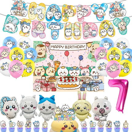 Chiikawa kawaii Happy Birthday Party Decorations Cute plate Banner Cake Topper Flag Balloons Disposable tableware Decorations