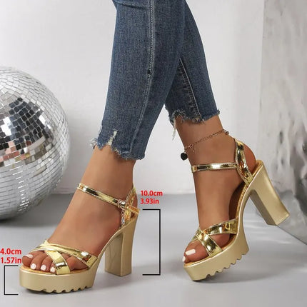 Gold Silver Wedding Women Platform Sandals High Chunky Heels Mirror PU Sexy Casual Party Lady Ankle Strap Gladiator Shoes