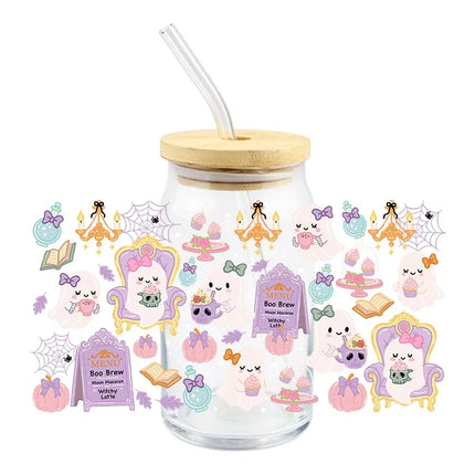 Halloween UV DTF 3D Ghost Design Transfer Sticker Wraps Cup Libbey Glass Cup 16 oz Waterproof Decals DIY Cartoon