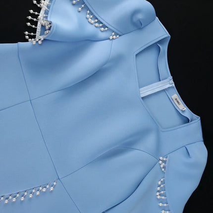 Blue Tassel Evening Gown Square Neck Short Sleeves Beaded Patchwork Wedding Women's Special Occasion Dress 2025 Spring New Style