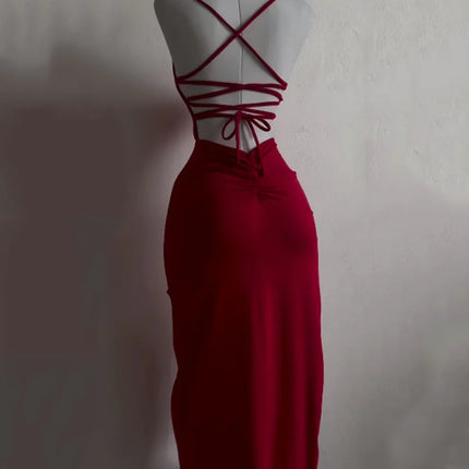 Sexy Backless Lace Up Long Dress Women Split Sleeveless Bodycon Party Club Evening Dresses High Street Female Suspender Robes
