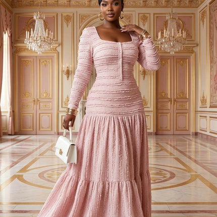 Women's Square Neck Button Front Long Sleeve Tiered Maxi Dress For Wedding Guest Dinner Evening Formal Fashion Occasions