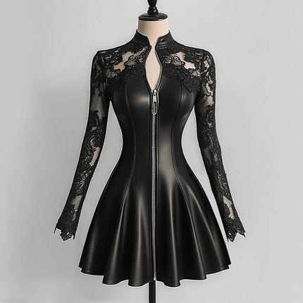 Women’s Elegant PU Leather Dress Black Lace Patchwork Mesh Long Sleeve Zipper Up Bodycon Dress A-Line Party Sexy Mini Dresses