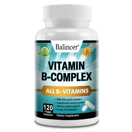 Vitamin B Complex Capsules with Vitamin C & Folic Acid, Antioxidant, Daily Energy Metabolism & Body Immune Wellness Support