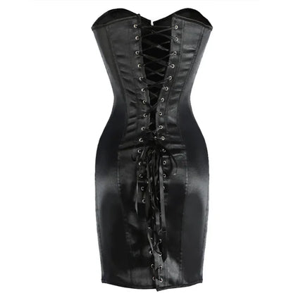 S-6XL Satin Women's Long Torso Corset Lace Up Overbust Punk Style Bustier Everyday Club Wear Dress Plus Size Black