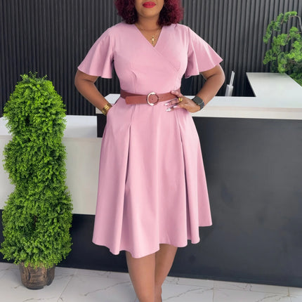 Fashion African Dresses for Women V Neck Short Sleeve Belt Waisted Pleated Mid Calf Elegant Ladies Birthday Party Dinner Dress