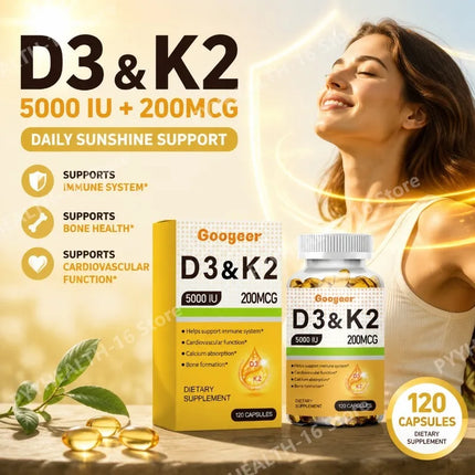 Googeer Vitamin D3 & K2 Capsules with Immune System Support and Bone Formation Support for Calcium Absorption, 120 Capsules